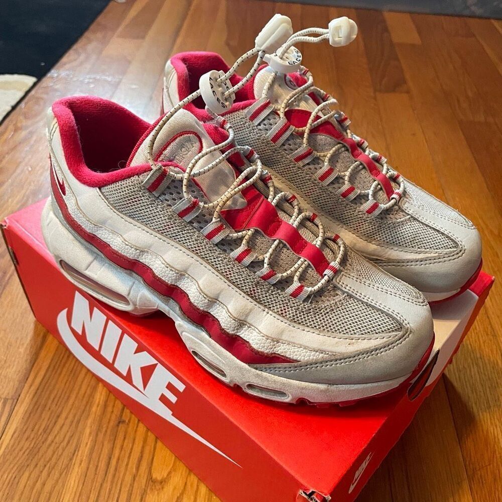 NIKE | air max 95 recraft (gs) grey fog/hyper red-white size 5 youth $140